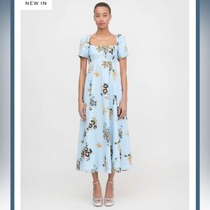Hill House Light Blue Floral Square-Neck Midi Dress